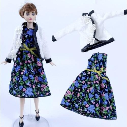 Elegant White Coat & Royalblue Countryside Floral Dress For Barbie Doll Outfits Handmade Clothes Set for 1/6 Doll Accessories