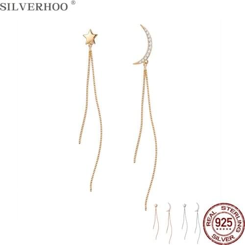 SILVERHOO 925 Sterling Silver Earrings For Women Long Tassel Star Moon Asymmetry Drop Earring Romantic Anniversary Jewelry Gift