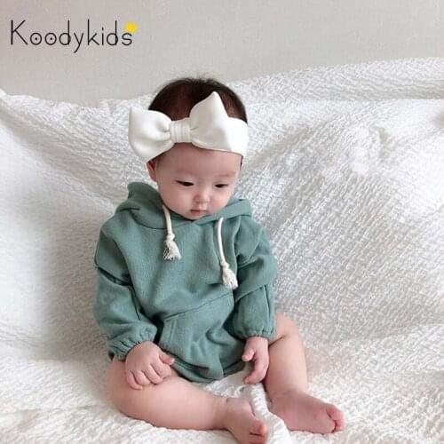 Koodykids 2020 Spring Autumn Baby Boy Hooded Bodysuits Green Hooded Rompers Baby Girl Boy Toddlers Jumpersuits Rompers 0-3 Year