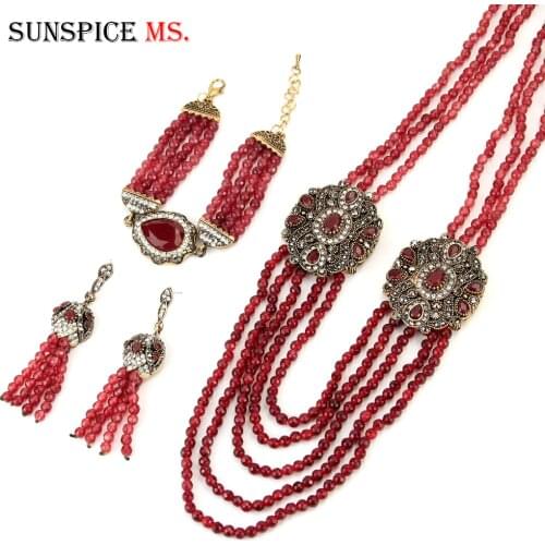 Sunspicems Handmade African Beads Jewelry Set Earring Necklace Bracelet for Women Turkish Natural Stone Retro Gold Color Bijoux