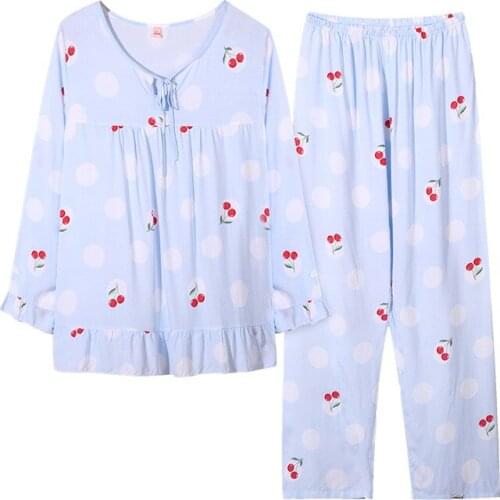Summer pajamas plus size cotton loose yukata thin section ladies long sleeve sweet home service two-piece suit pijamas women