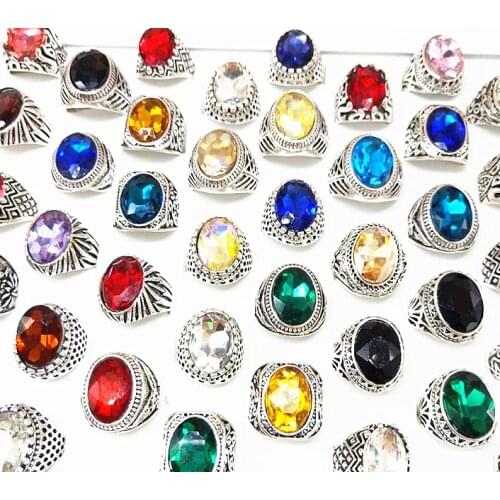MixMax 20pcs Mix Styles Vintage Antique Silver Color Stone Rings for Men Women Jewelry Ring Gifts Wholesale Lots dropshipping