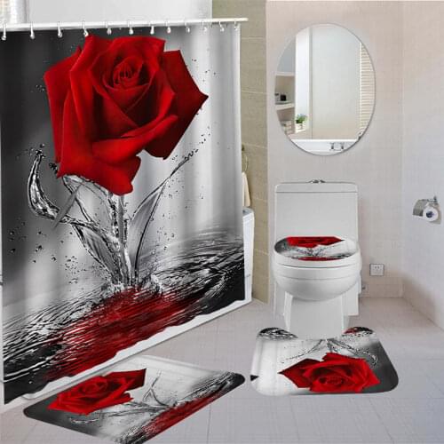 Rose Flower Shower Curtain Set Non-Slip Rugs Bath Mat Toilet Lid Cover and 12 Hooks Waterproof Polyester Bathroom Decor