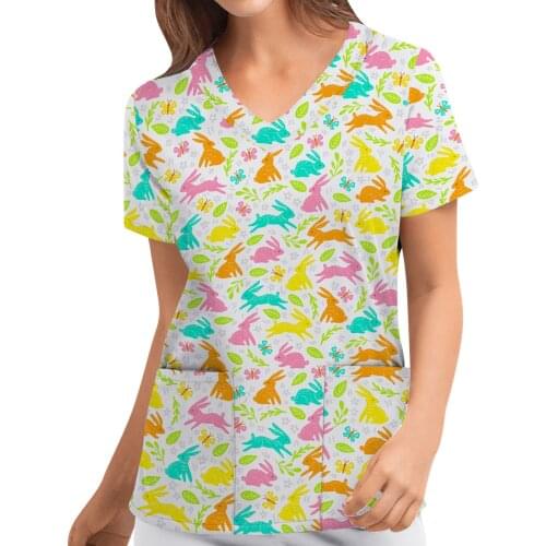 Easter Print Women Nursing Work Uniform Cartoon Plus Size S-3XL Short Sleeve V-Neck Shirts Nurse Scrubs Tops Gorro Enfermera A50