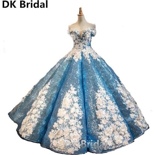 Sexy Sky Blue/Pink White Flowers Ball Gown Quinceanera Dresses 2019 Luxury Appliques Debutante Dress for Vestido de 15 anos