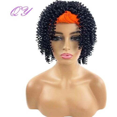 QY HeadBand Wig Curly Synthetic Wigs for African Women Orange Turban Warp Spring Black Hair Wigs