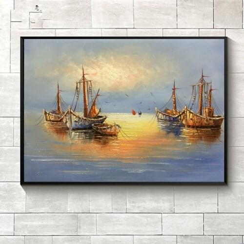 Hand Painted oil painting on canvas Morning sea sailing boat decorative Classic patterns wall art home pictures