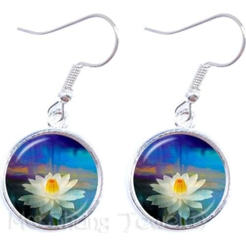Lotus Flower Earrings Mandala Photo Art Glass Cabochon Drop Sacred Geometry Yoga Om Jewelry Fashion 2018 Nice Gift