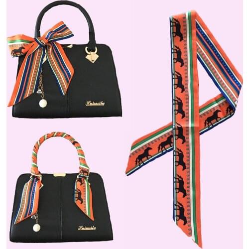 New Blue Horse Skinny Scarf Women Reversible Plaid Kerchief Luxury Brand Scarves Foulard Cute Orange Headband Bag Handle Ribbons