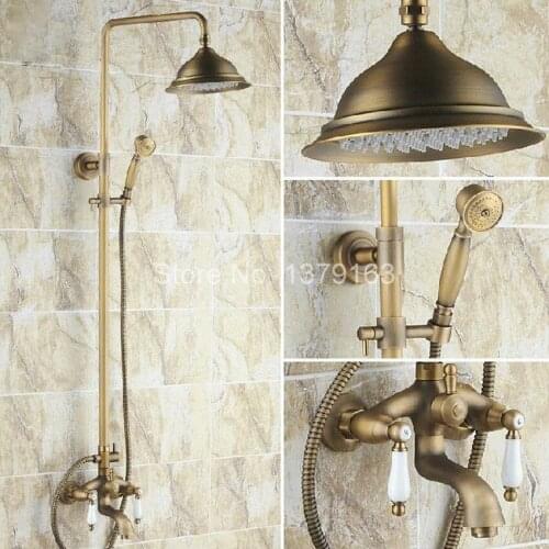 Bathroom Rain Shower Faucet Set Antique Brass Double Ceramics Lever Tub Mixer Tap + Rainfall Shower Head + Handshower ars161