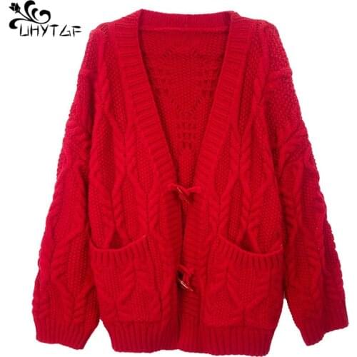 UHYTGF Spring autumn sweater womens knit cardigan tops Plus size v-neck Loose Knitted female cardigan women sweater coats X752