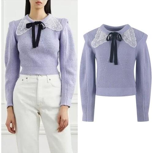 Vintage Purple Sweaters Women Pullovers Long Sleeve Knit Crop Tops Bow Lace Sweet Jumper Casual Jersey Kawaii Korean Clothing