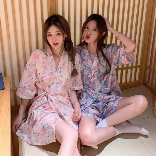 Womens Pajamas Big Size Summer Nightgown Yellow Blue Broken Flower Nightie Japanese Sweet Two Piece Set Sleepwear