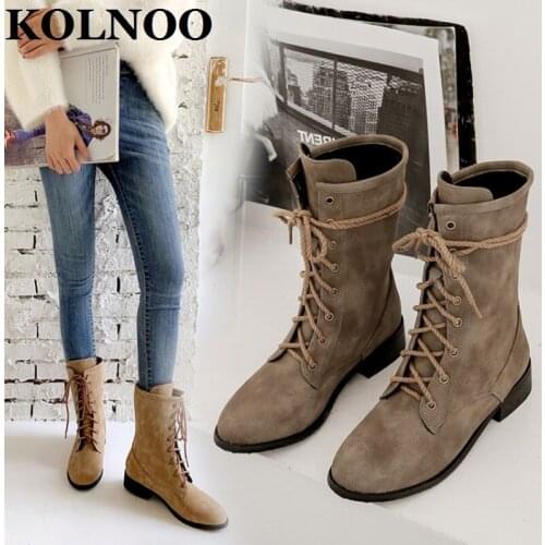 KOLNOO New Style Womens Low-Heel Ankle Boots Crisscross Lace-Up Vintages Work Retro Short Boots Large Size Fashion Winter Shoes