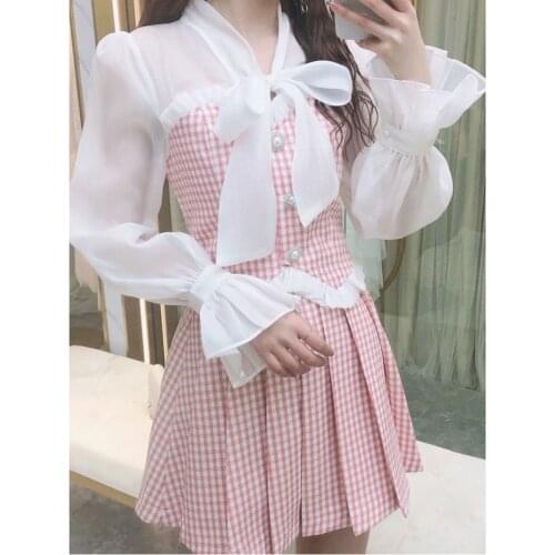 Spring New Style Korean Temperament Bowknot Check Blouse + Pleated Skirt Two-Piece Sets Female