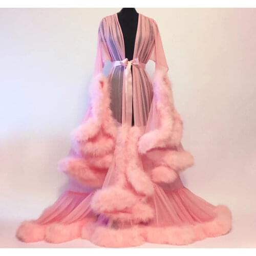 Mingli Tengda Bridal Boudoir Robe Purple Feather Bridal Sheer Robe Tulle Illusion Long Wedding Party Feather Robe Costume Cloak
