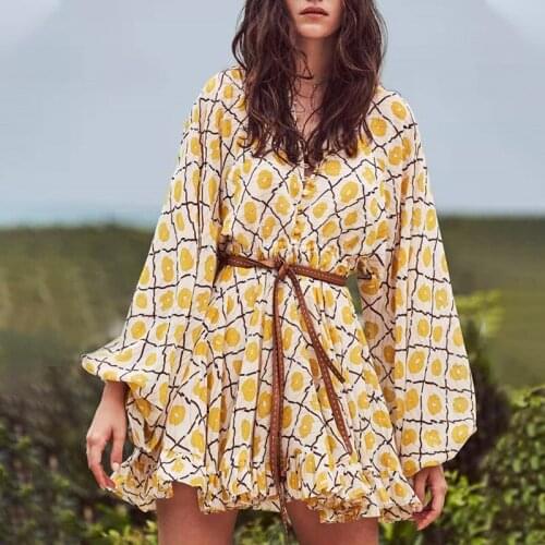 Johnature Fashion Lantern Sleeve Design Mini Dresses For Women 2021 Spring Autumn Print Ruffles Loose Dress