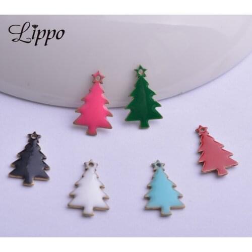 30pcs 8*14mm Double Faced Enamel Christmas Tree Charms Copper Small cedar Trees Pendant