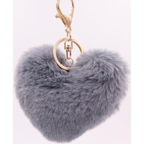 Fluffy pompom Keychain Gifts for Women Soft Heart Shape Pompon Fake Rabbit Key Chain Ball Car Bag Accessories Key Ring