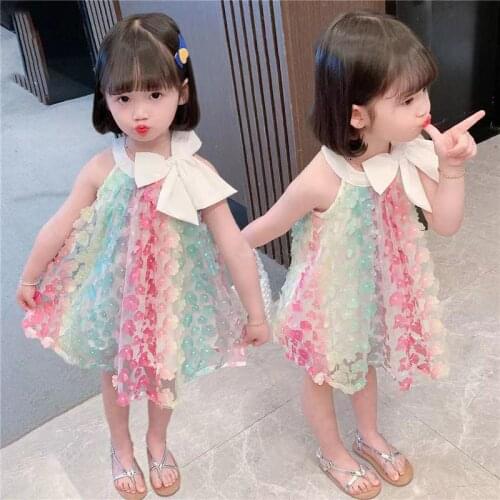 Rainbow Flower Girl Dress Princess Summer Sleeveless Bow O-neck Toddler Kids Baby Children Girls Clothes 2-7Y