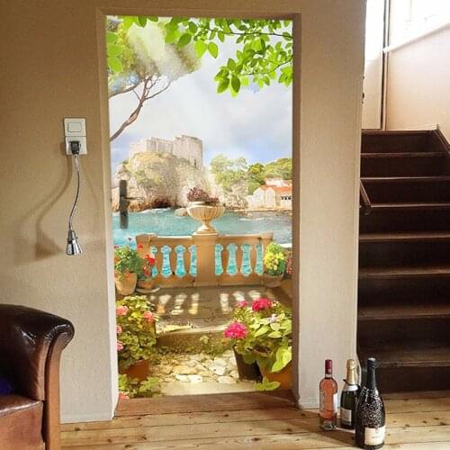 Door Sticker 3D Sea Landscape Oil Painting Mural Wallpaper PVC Self-Adhesive Waterproof Door Decoration Papel De Parede Stickers