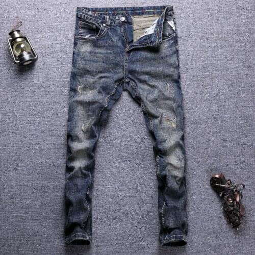 Italian Style Fashion Men Jeans Distressed Retro Blue Elastic Slim Fit Ripped Jeans Men Embroidery Designer Vintage Denim Pants