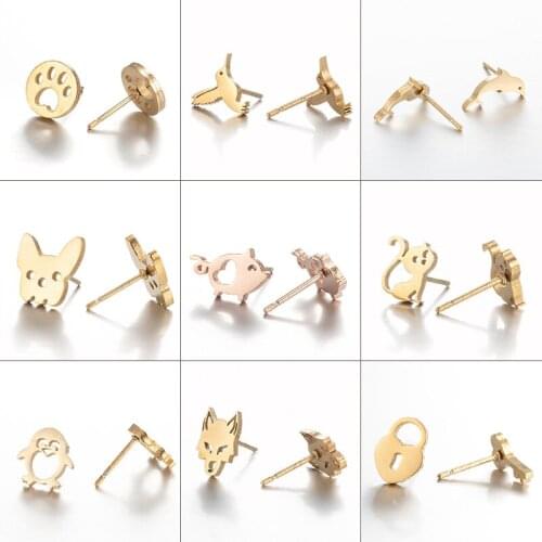 Korean Style Lovely Animal Dog Paw Earrings for Women Child Trend Stainless Steel Penguin Wolf Dolphin Hummingbird Earring Studs