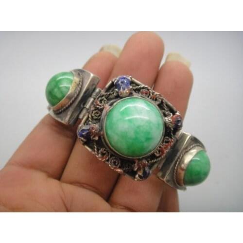 Exquisite Chinese Collectible Old Tibetan silver handwork inlaid with green jade bracelet