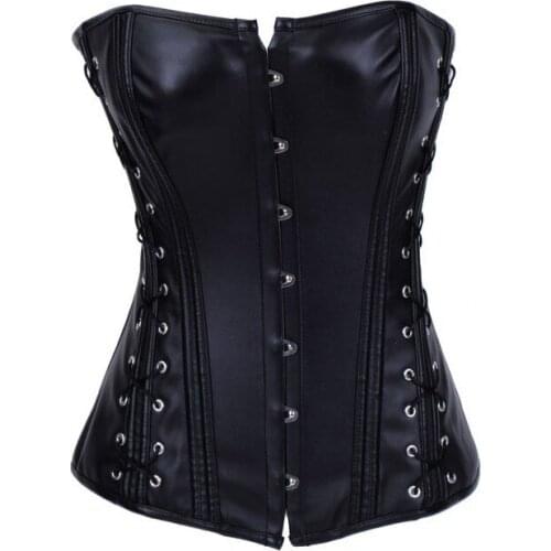 Black Lace up Faux Leather pvc Overbust corset Sexy women Bustier top steampunk corsets