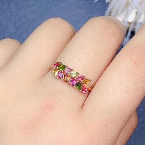 Lovely Two array leaf Natural Multicolor Tourmaline Ring S925 Silver Natural Gemstone Ring Womens girl party fine ewelry