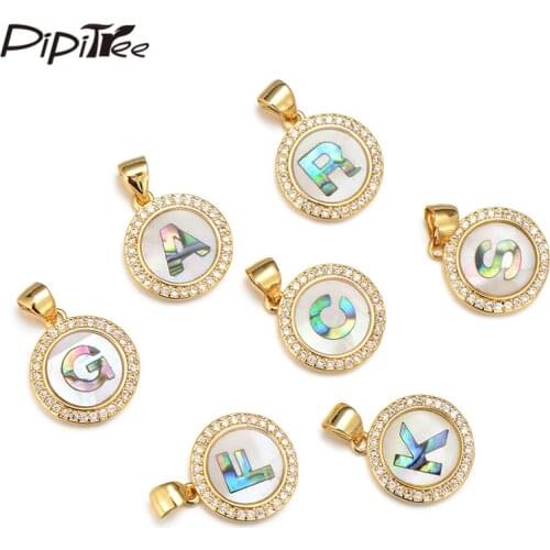 Pipitree Copper Cubic Zirconia Natural Shell Round Charm DIY Initial Letter Charms Pendant Necklace Jewelry Making Accessories