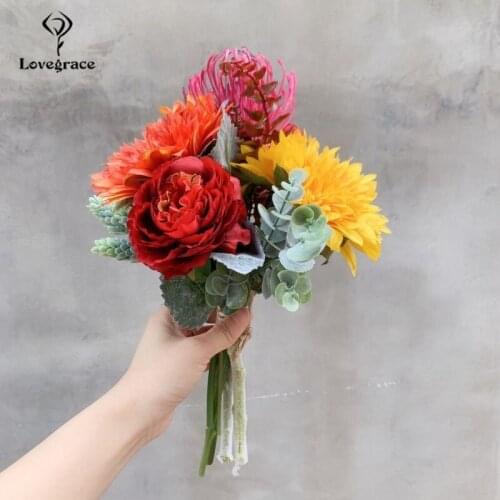 Lovegrace Silk Wedding Bouquet Waterfall Wedding Flowers Bridal Bouquet Holder Sunflower Peony Artificial Flower Bridal Bouquets