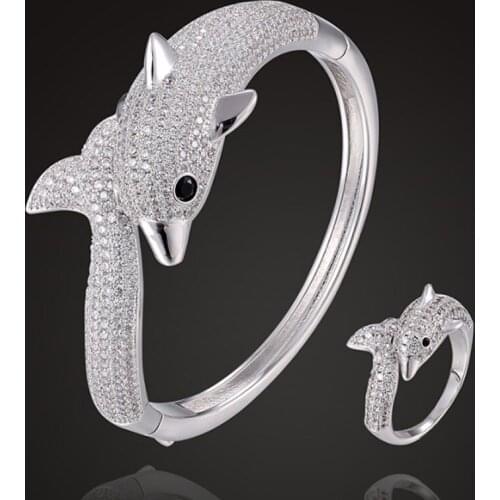 Zlxgirl jewelry dolphin bangle with ring jewelry set perfect full cubic zircon micro pave setting couple jewelry sets gifts