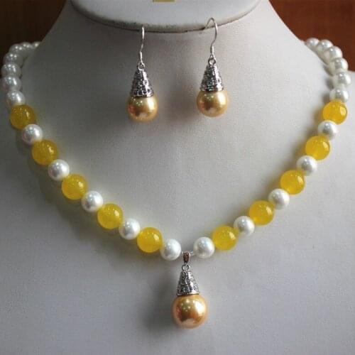 Wholesale 8mm mixed colors white/yellow shell pearl/stone necklace 14mm pearl hook earring and pendant jewelry set