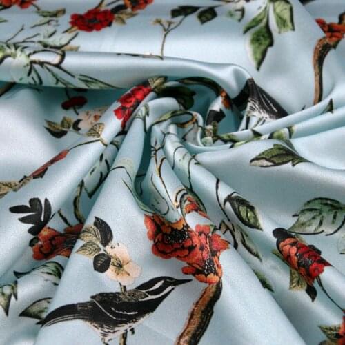 Blue Flower And Bird Printed Mulberry Silk Heavy Stretch Satin Fabric Dress Cheongsam Shirt Handmade Clothes Fabric