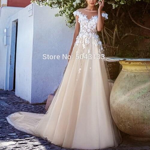 Champagne 2021 Romantic Wedding Dresses with Applique 3D Flowers Robe De Mariee Scoop Neck Wedding Bridal Gowns Boho Bride Dress