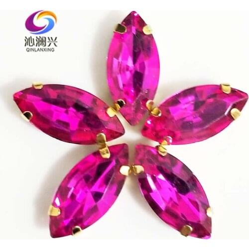 Rose red eye shape AAA Glass Crystal sew on stones with holes,Golden bottom loose rhinestones Diy/Clothing accessories SWMG09