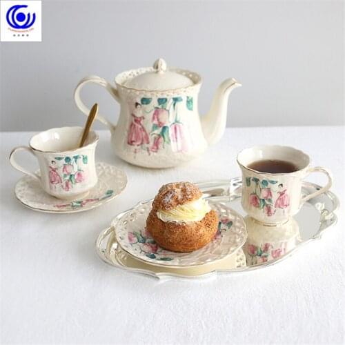 Pink tulip gold coffee cup French retro European palace coffee cup dish English afternoon tea black tea cup