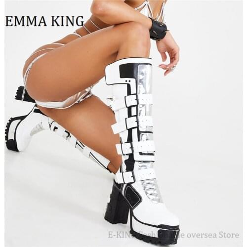 Super High Heels Platform Knight Boots Women Fashion Laser Patchwork High Wedges Shoes Cool Girls Punk Motorcycle Boots Women