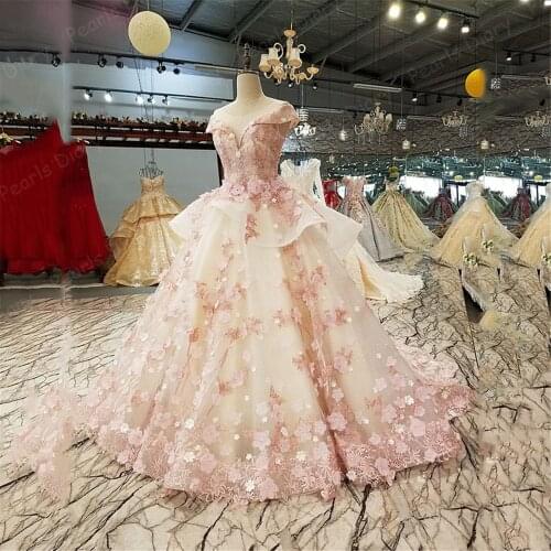 Gorgeous Prom Dresses Dubai 2021 Robes Pink Pearls Sequins 3D flowers Layered Puffy Tulle Floor Length Formal Evening Dress