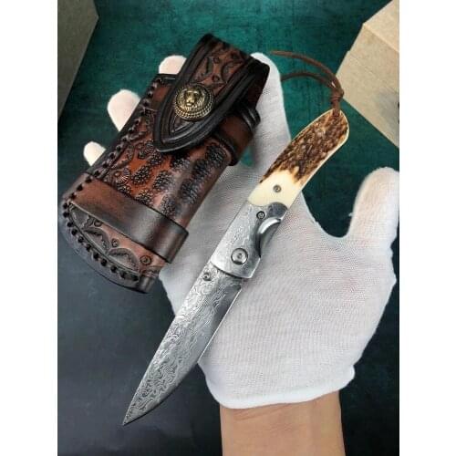 Outdoor camping Damascus steel antler handle tactical survival self-defense hunting multifunctional kitchen fruit folding knife