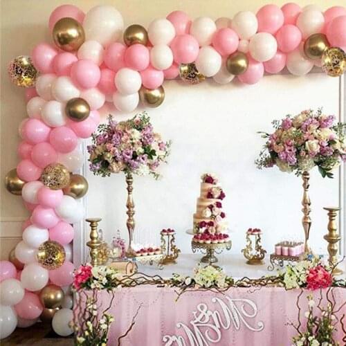 Wedding Baptism Party Favor Pink White Set Gold Metallic Latex Balloon For Baby Boy Girl 1st Birthday First Holy DIY Decor