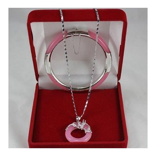Wonderful pink Jade Circle Dragon Pendants Necklace Bracelet Set