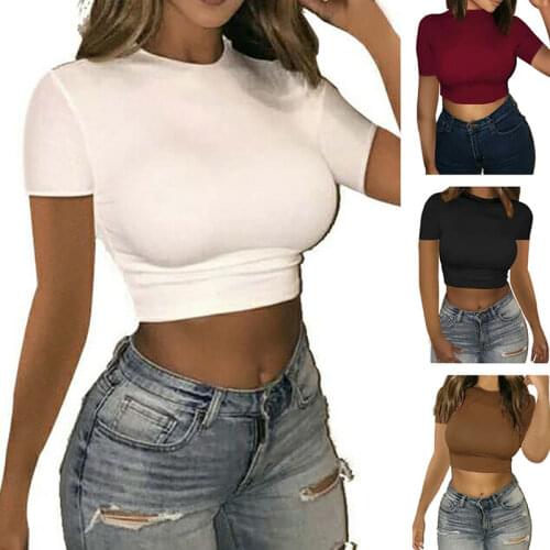 Womens 2020 Sexy Crop Top T-Shirt Short Sleeves Tees High Waist Fitness Dancing Casual Street Sports Ladies Fashion Clothes XXL