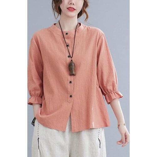 Oversized Women Cotton Linen Casual Shirts New Arrival 2021 Autumn Vintage Style Stand Collar Loose Female Tops Shirt B1071