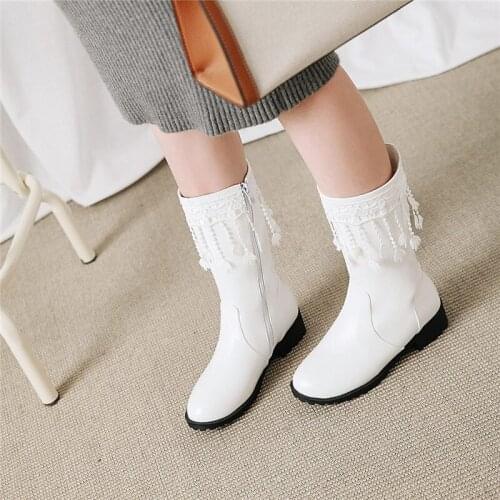 YMECHIC White Black Fringe Lace Lolita Mid Calf Tall Ladies Boots Autumn Winter Chunky Heels Booties 2018 Woman Plus Size Shoes