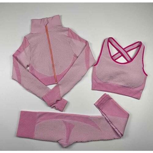 Women Zip Up Yoga Set Long Sleeve Workout Clothes Running Sportswear Gym Leggings Seamless Sports Bra Fitness Crop Top Gym Sets