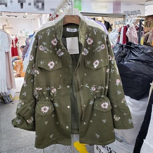 Autumn Korean Fashion Embroidery Flowers Trench Coat Women Black White Army Green Mid Long Tooling Drawstring Windbreaker Female