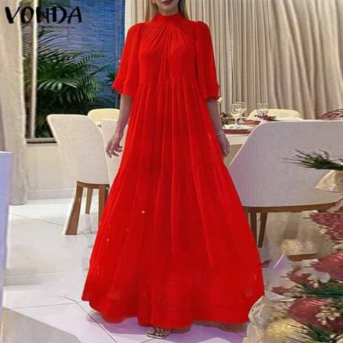 Women Summer Dress 2021 VONDA Sexy Solid Color Bohemian Long Maxi Dress Turtleneck Half Sleeve Flare Sleeve Party Vestido S