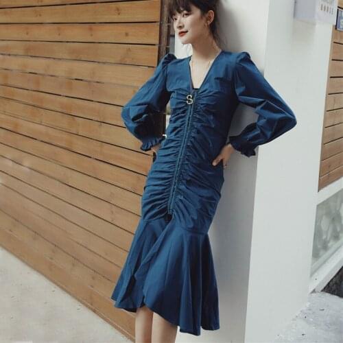 Women Summer Temperament Bodycon Dress V-Neck Blue Slim Mermaid Dress Lantern Sleeve High Waist Vestidos